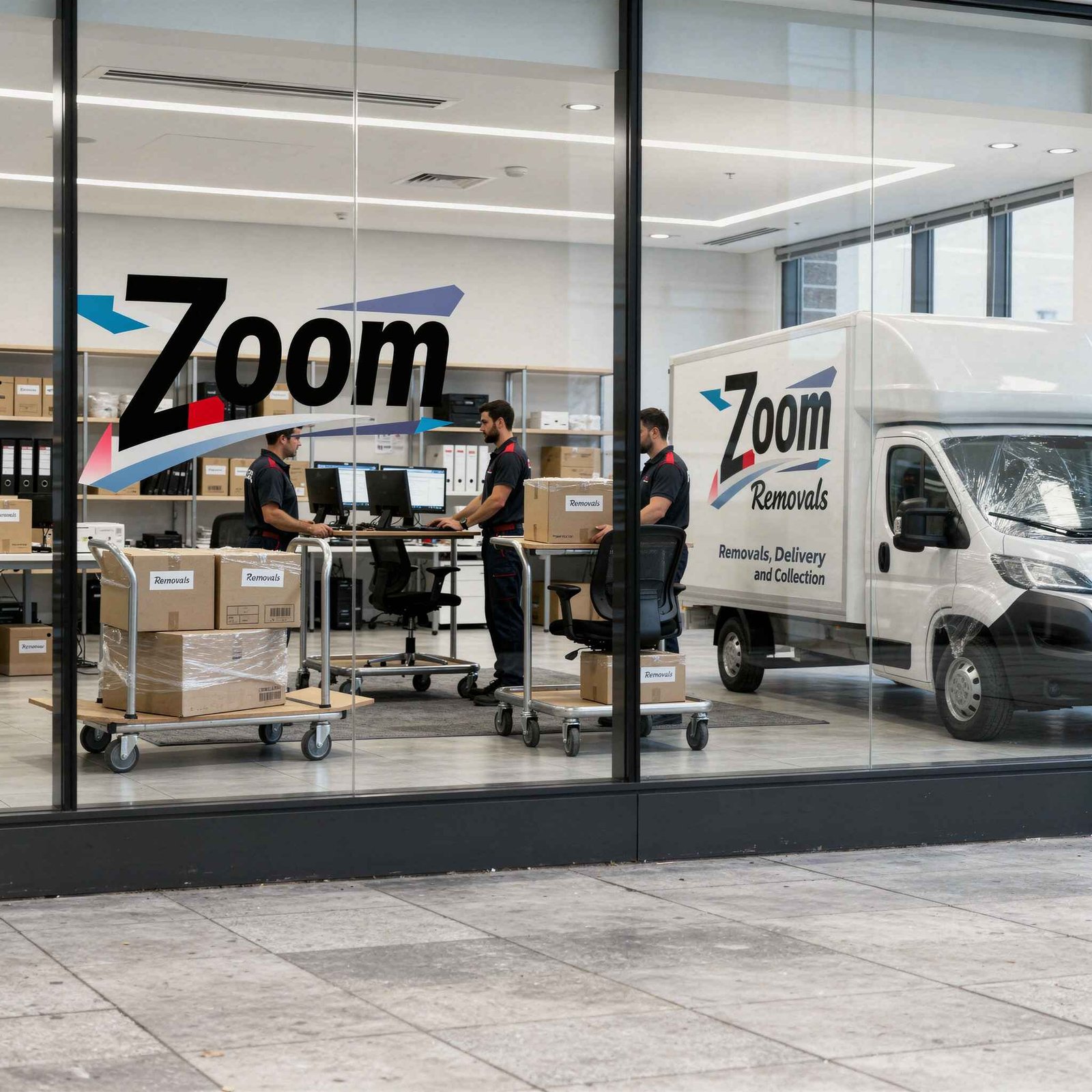 Office removals team moving desks and equipment